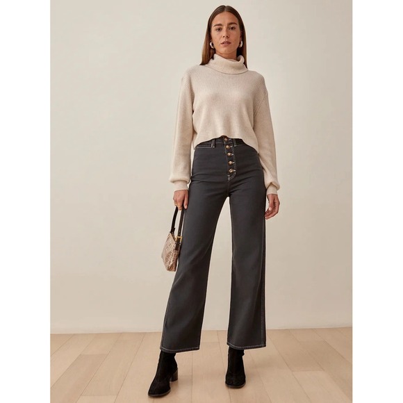Reformation Denim - Reformation Lexi High Rise Wide Leg Button Fly Jean Washed Black Size 27
